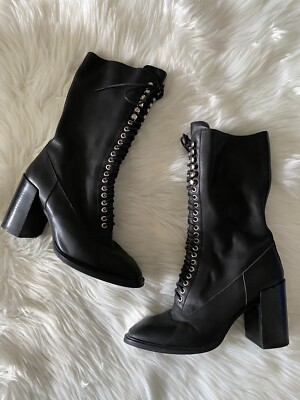 Jeffrey Campbell Ultra Soft Black Leather Lace-Up Mid Boots Chunky Block Heel 40