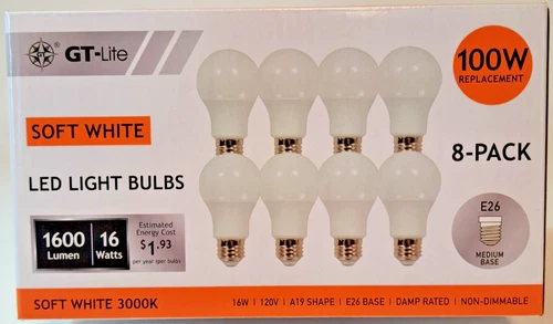 8-Pack 100 Watt Replacement GT-LITE Electric 3000K Soft White LED 16W E26 Base
