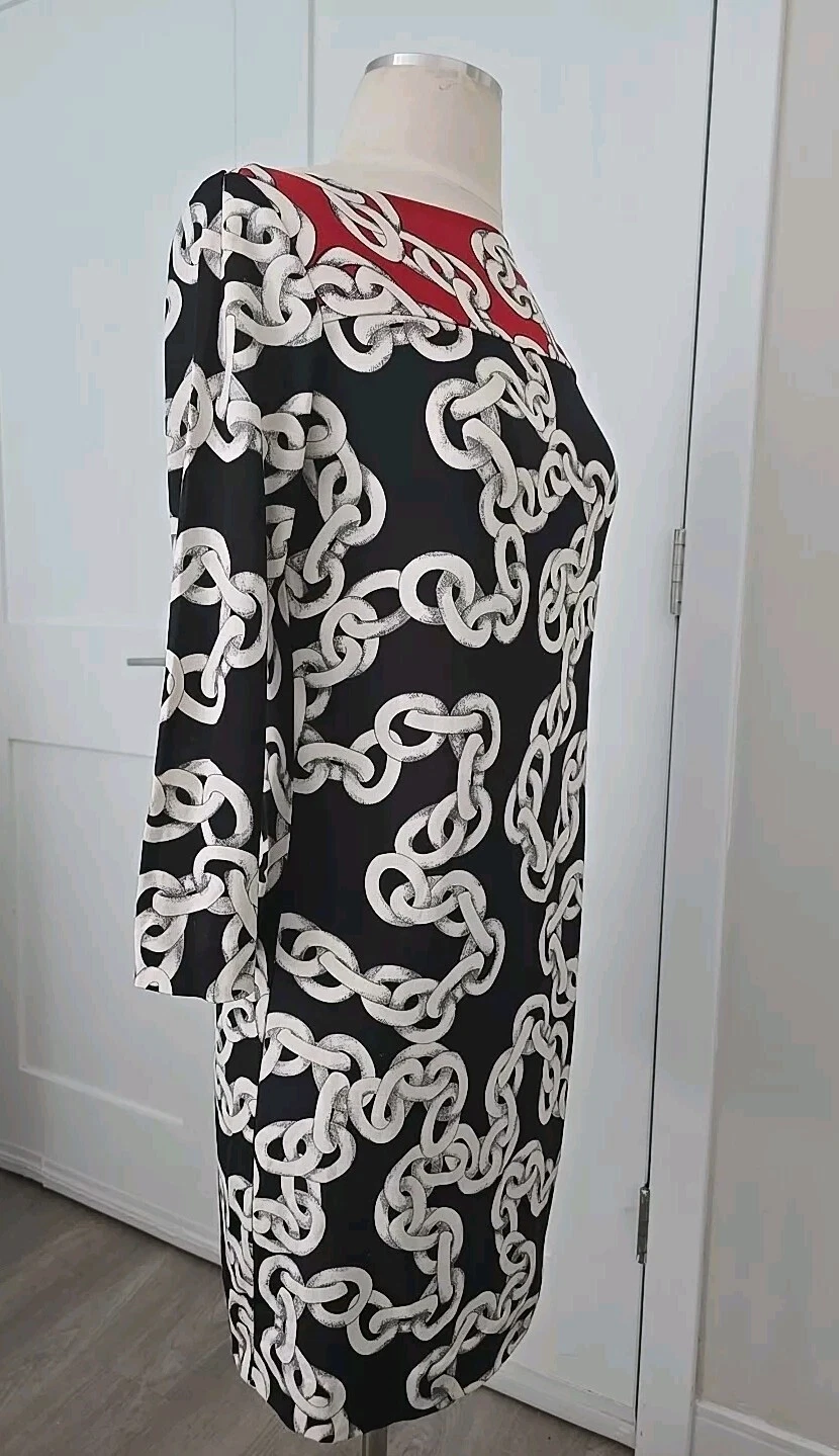 OFF WHITE Abito a tubino DIANE von FURSTENBERG seta RURI stampa catena nero bianco sporco rosso taglia 4