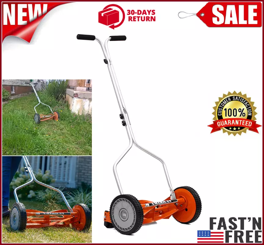 14-Inch 4-Blade Push Reel Lawn Mower Lightweight Noise-Free, Manual Grass  Cutter