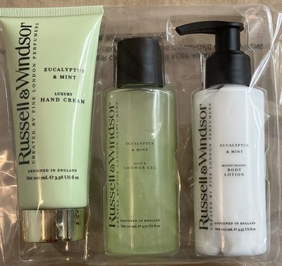 Russell & Windsor Eucalyptus Mint Bath Body Hand Cream Shower Gel Lotion 3pc Set
