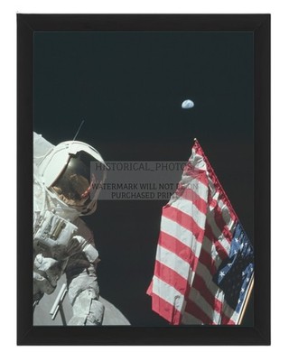 ASTRONAUT HARRISON SCHMITT ON LUNAR SURFACE WITH AMERICAN FLAG 8X10 FRAMED PHOTO