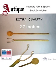 Antique Laundry Fork & Spoon / Back Scratcher Long Handle Aluminum Washing Wood