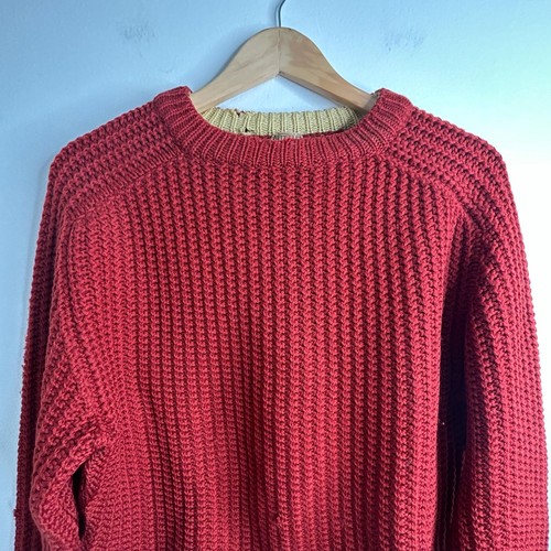 Vtg Alan Paine Sweater Mens L Wool Red Chunky Crewneck Fisherman Ribbed Preppy - Picture 2 of 9