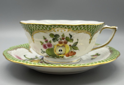 Herend Fruits & Flowers w/ Green Fish Scale Border Cup & Saucer Set New