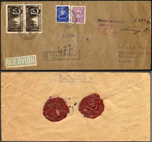 ROMANIA 1948  Bank cover: King Michael + rare IOVR , from Bucharest to  DEN HAAG