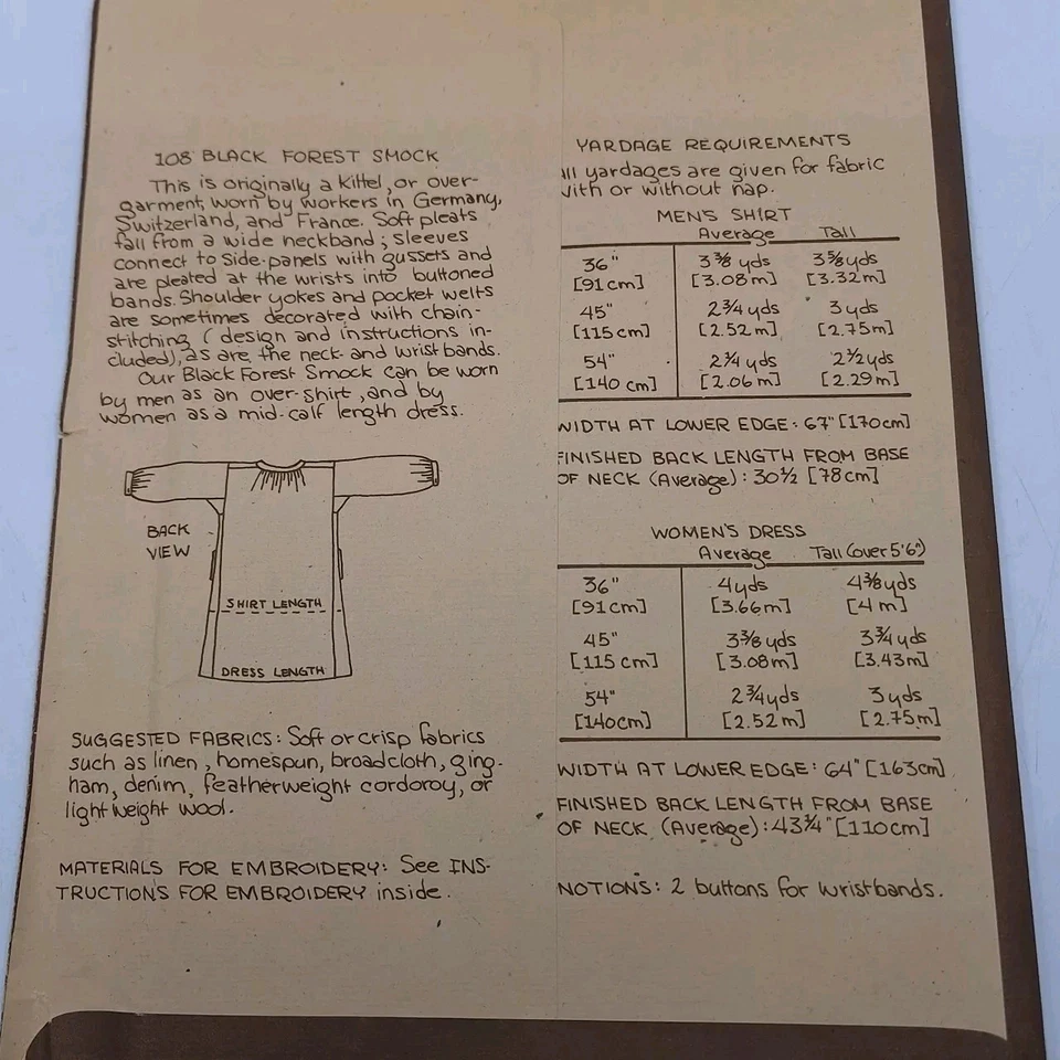 Folkwear # 108 "Black Forest Smock" Pattern SZ 36"-54" Men and Women - Image 2 of 4