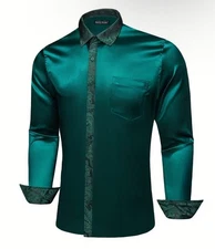 Barry Wang Mens Esmeral Green Silk Satin Dress Shirt Long Sleeve Paisley Cuff(S)