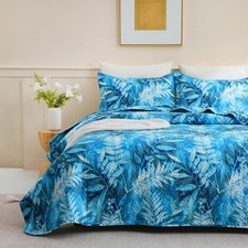 JSD Teal Blue Tropical Leaves Quilt Set Full/Queen, 3 Piece Printed Bedspreads C