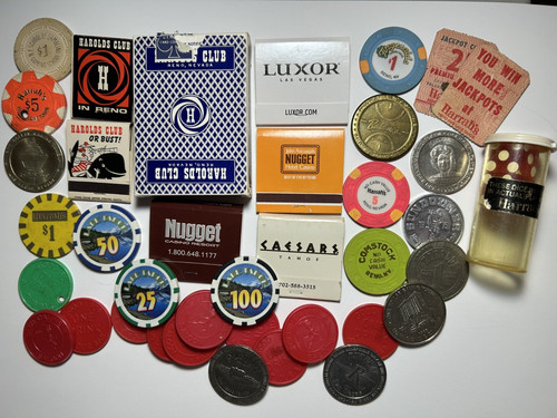 LOT Vintage Casino Gaming Chips Playing Cards Tokens Matchbooks Dice VEGAS RENO