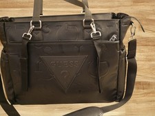 NEW WITH TAGS BLACK LEATHER GUESS LOGO DIAPER BAG ZIPPER TOTE PORTINI TRAVEL