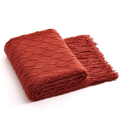 Acrylic Knitted Throw Blanket Lightweight Soft Woven Tassels Rust 50x60 Inch
