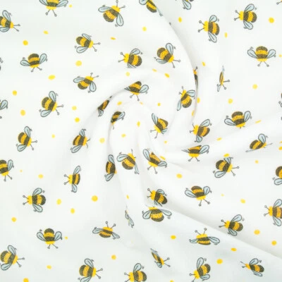 Polycotton Fabric HONEY BUMBLE BEE YELLOW BLACK ON WHITE Kids Craft Material