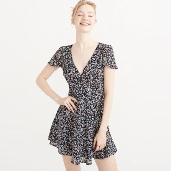 Abercrombie u0026amp; Fitch Floral Faux Wrap Mini Dress XS Flutter Sleeve  V-Neck Lined | eBay