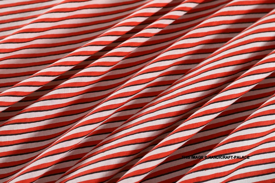 3 Yard Indian Hand Block Stripe Print Cotton Natural Sanganeri Print Fabric Red - Image 2 of 4