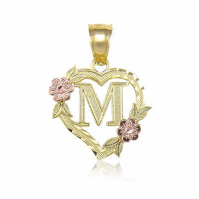 14K Gelbgold Herz Anfangsbuchstabe Anhänger - A-Z Alphabet Blume Halskette Charm