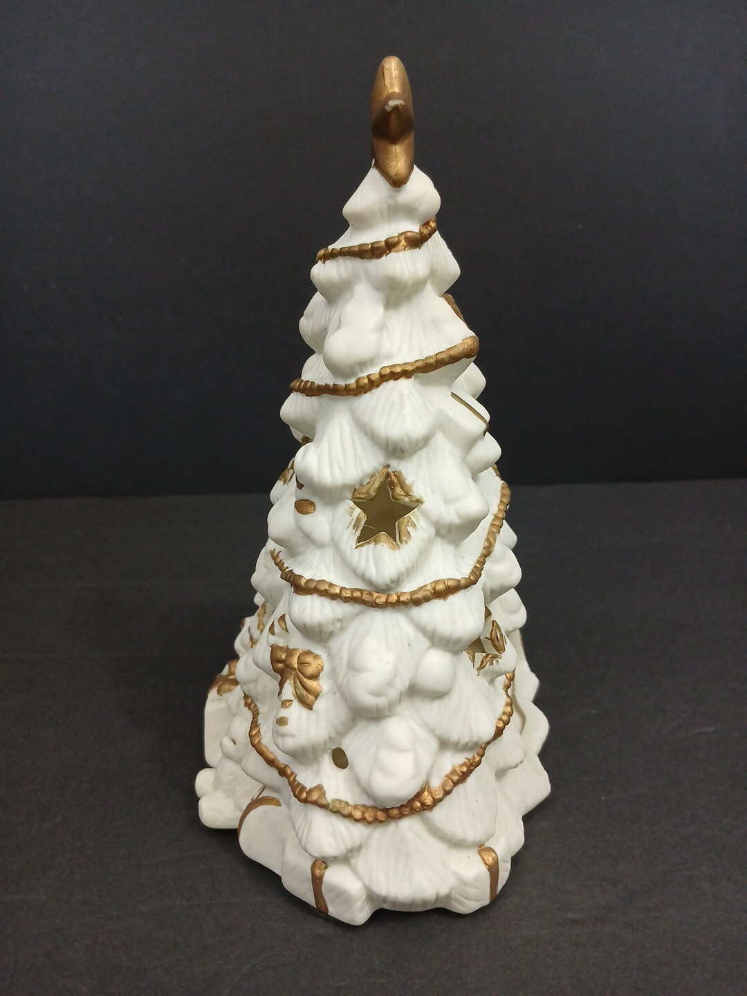 Vintage Porcelain Christmas Tree Tea Light Holder 7" White & Gold