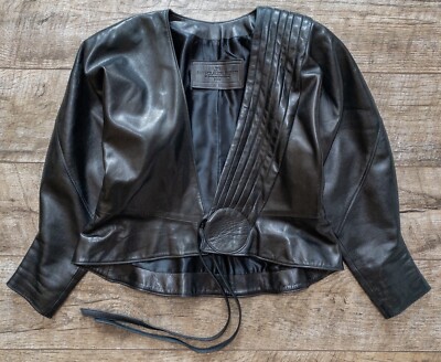 Jean Claude Jitrois Leather Kimono Jacket Womens Black Collarless Coat Vintage