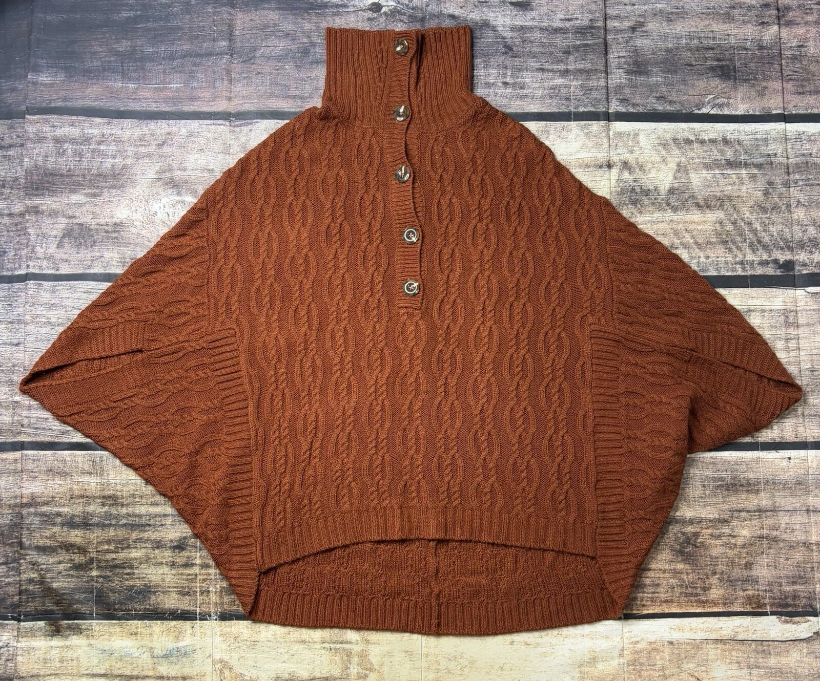 Anthropologie Poncho Sweater Women's M Burnt Orange Turtleneck Cable Knit Henley