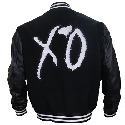 Men's The Weeknd XO Bomber Jacket Black Wool Faux leather Sleeves Varsity  Jacket