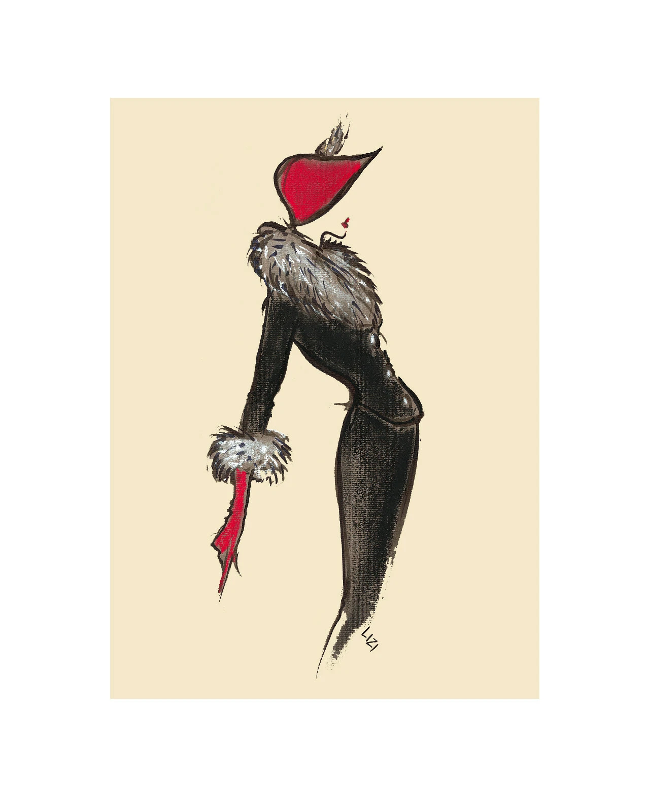 P3C Lizzie Huxtable ; style Dior années 50 ; impression art de la mode ; chapeau rouge et gant A3