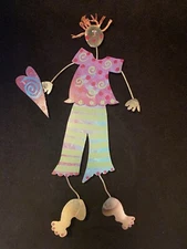 Whimsical Cut Steel Girl Painted Lady w/ Heart Purple Green Blue Wall Folk Art