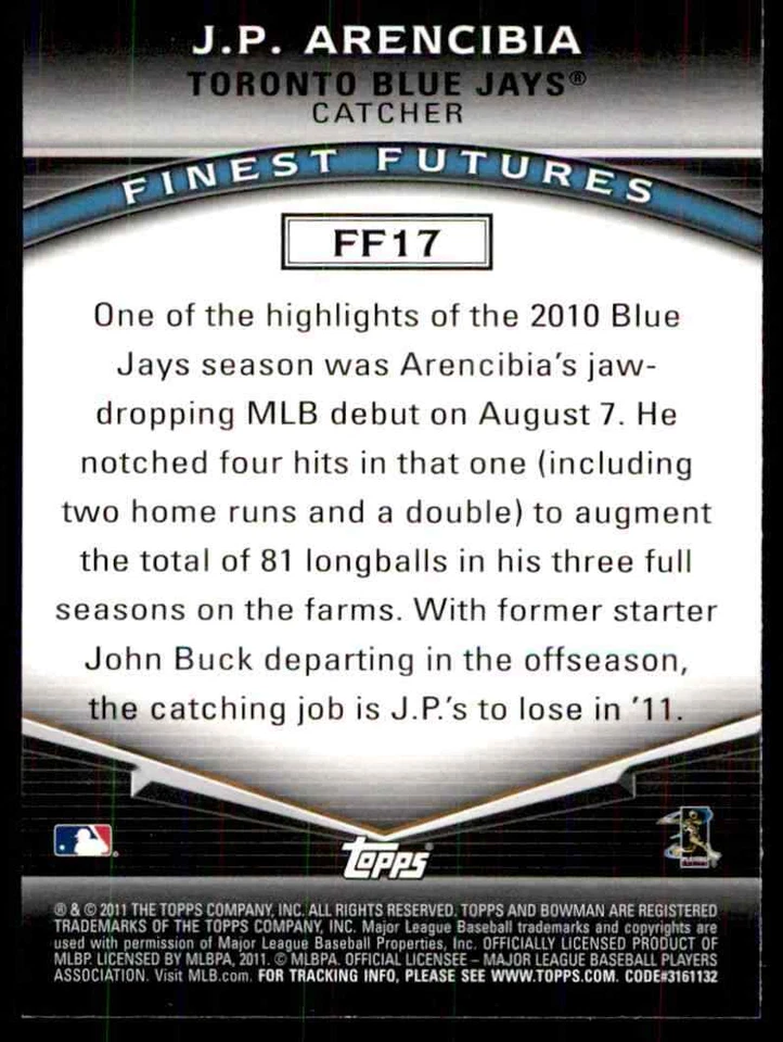 2011 Bowman Finest Futures J.P. Arencibia Toronto Blue Jays #FF17 - Image 2 of 2