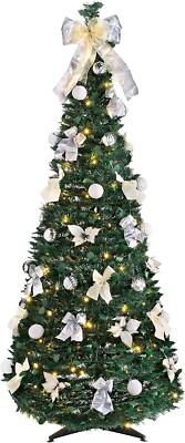 6 Fuß Pre-Lit Pop Up Weihnachtsbaum dekoriert mit Silber & Gold Schleife Kugeln LED