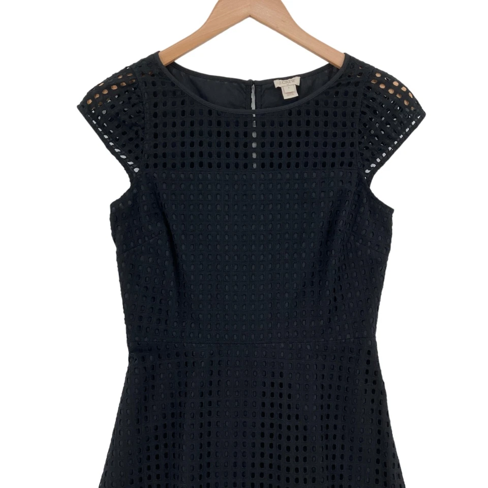 J.CREW Fit & Flare Dress Womens Size 2 Black Eyelet Knit 100% Cotton Back Zipper - Image 4 of 4