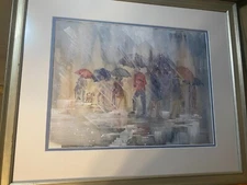  "A Rainy Street With Figures Scene" Mixed Media Painting - Signed And Framed