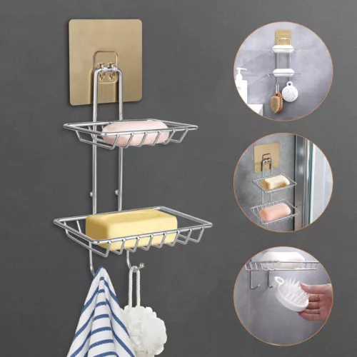 Bathroom Double Tier Soap Dish Holder Wall Mounted Stainless Steel With Hook - Picture 2 of 10