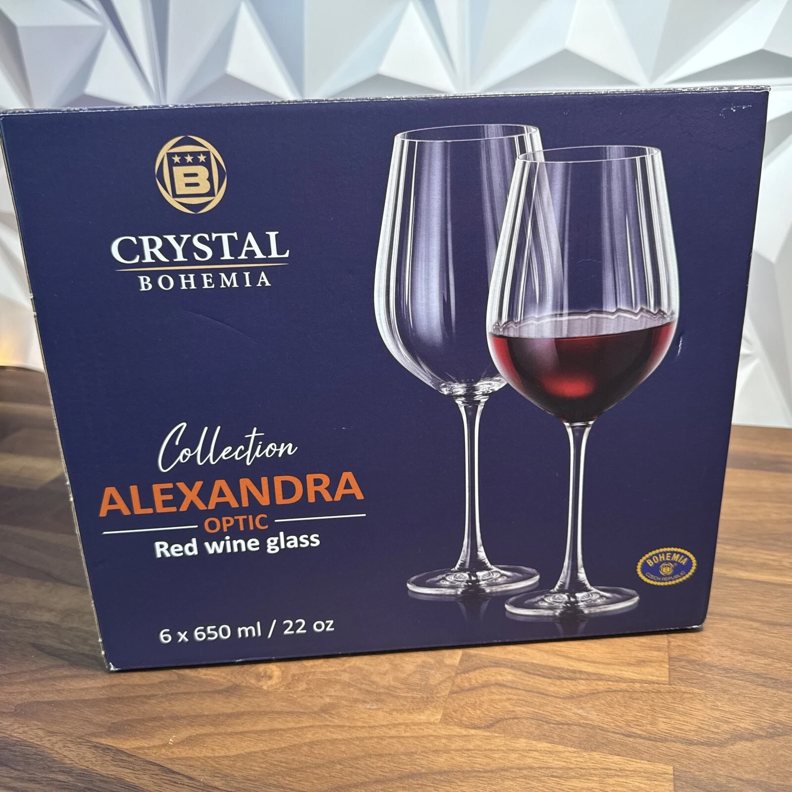 CRYSTAL BOHEMIA Alexandra Optic Red Wine Glass 6pc 6x650ml 22oz NIB