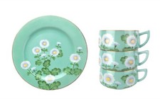 Hand Painted Japan Mint Teal Eggshell Porcelain 3 Tea Cups 1 Plate Set 1930s
