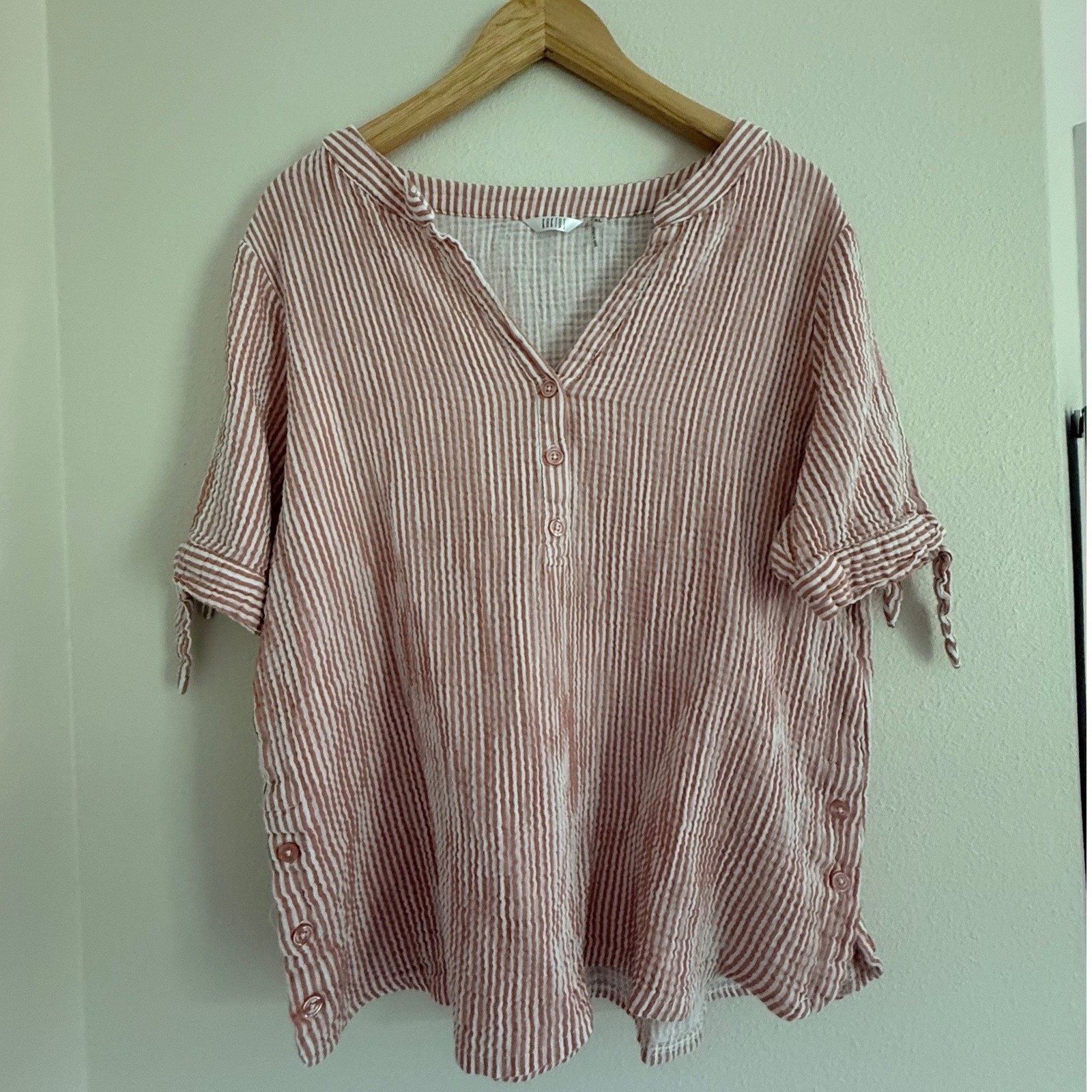Kaktus Striped Gauze Henley Top XL Terracotta White Short Sleeve Tie Cuff Blouse