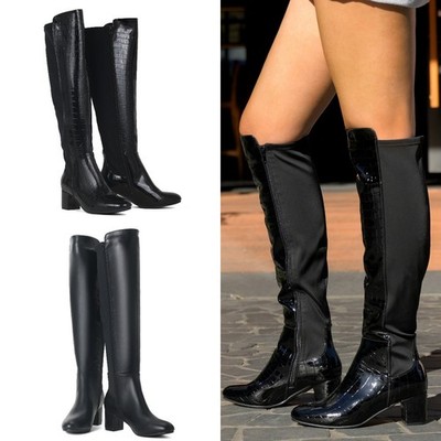 Damenstiefel schwarz Damen Reißverschluss Absatz hohes Bein kniehoch Reißverschluss zum Überziehen GRÖSSE 3-8