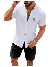 Men's Casual Tracksuit Button Down Shirt and Drawstring Waist Short Sets Summ...