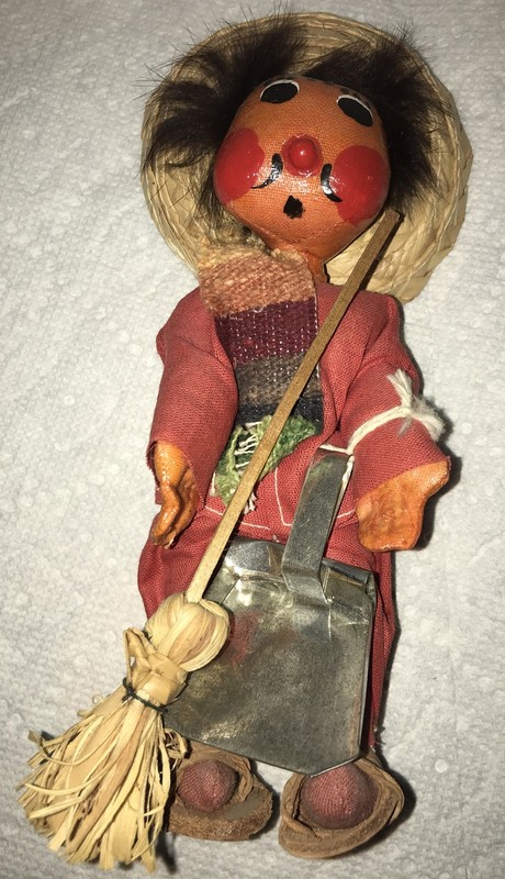 Vintage Mexican Cloth Folk Art  Figurine Doll w/ Broom & Dustpan