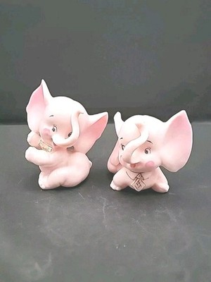 2 Norcrest Pink Elephant Set Vintage Bisque  Porcelain Figurines W/Bow & Tie