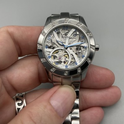 Bulova Womens Watch 32mm Skeleton Silver Tone Diamond 96R120
