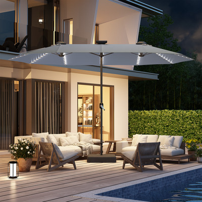 15ft Double-Sided Patio Umbrella with Solar LED Lights Base Crank Outdoor Market