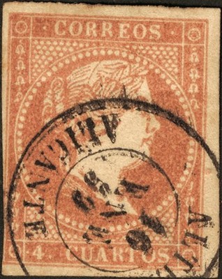 Valencian Community. Philately. º USED 48. 1856. 4 red quarters. Postmark AL