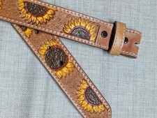 vintage TOOLED buckle belt SUNFLOWER cowhide leather 30 brown KO TRADING western