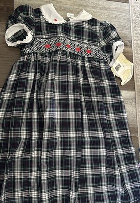 NWT Little Bitty Franco Apparel Apple Green Plaid Collared Smocked Dress 6 x