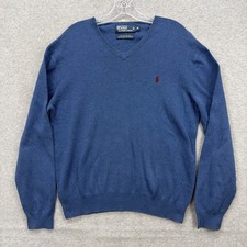 Vintage Polo Ralph Lauren Sweater Mens Medium Blue Red Pony Pima Cotton V Neck