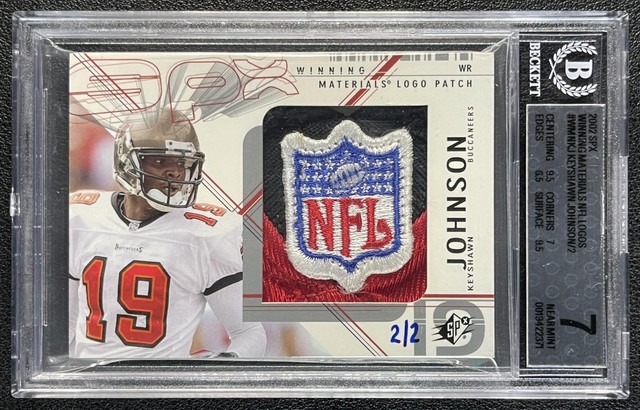 Keyshawn Johnson BGS 7 2002 SPX WINNING MATERIALS NFL LOGOS GU SHIELD PATCH 2/2