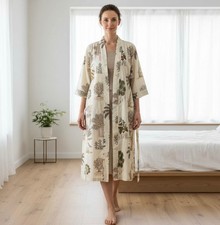 Long Kimono Cotton Hand Block Printed Women's Indian Nightwear Robe Gown Dress