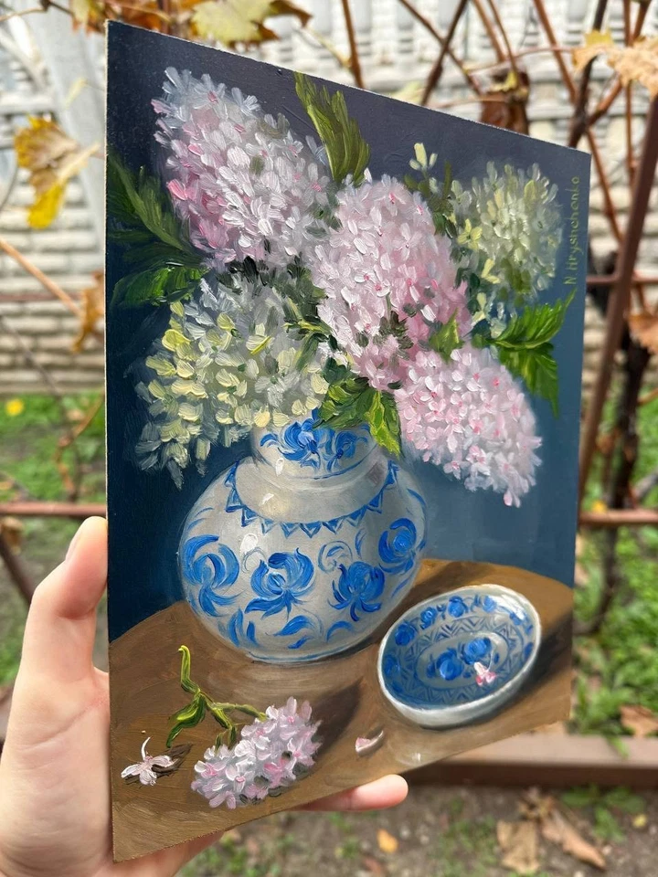 Bodegón Hortensia en Jarrón Cerámica Azul Vintage Pintura al Óleo Original Foto 4 de 4