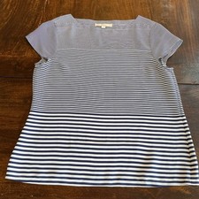 LOFT Navy White Stripe Short Sleeve Blouse Womens Medium Boat Neck