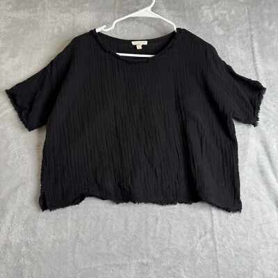 Eileen Fisher Top Womens XS Black 100% Organic Cotton Lofty Gauze Lagenlook Crop