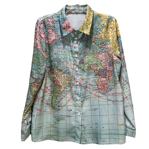 Camicia blusa MISSLOOK donna stampa globo taglia L avventuriero viaggiatore del mondo